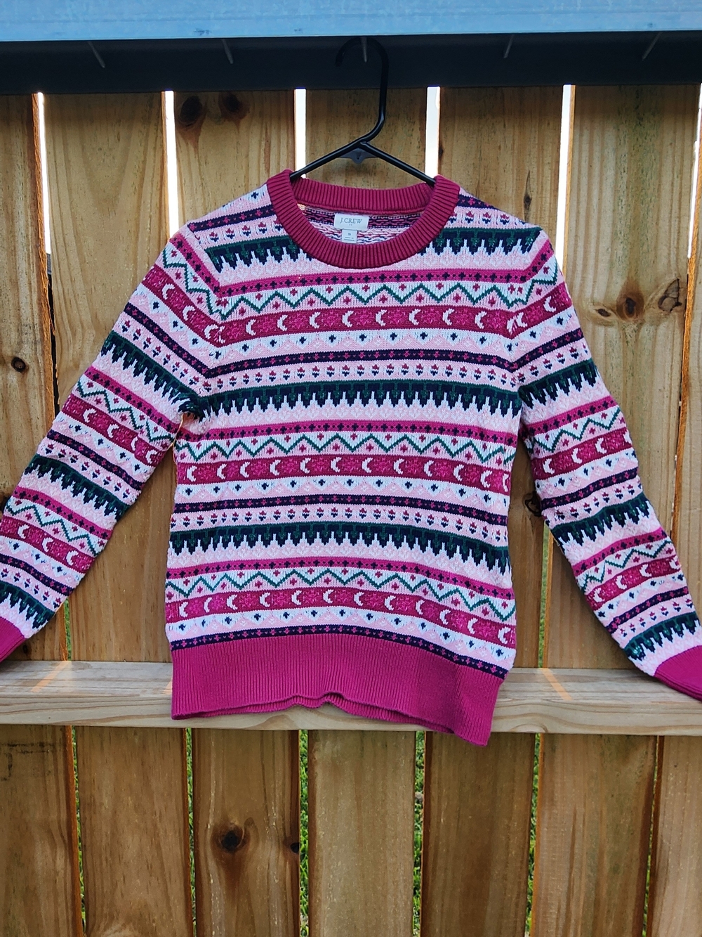 J. Crew Pink Fair Isle Crewneck Sweater with Green & Navy Accents